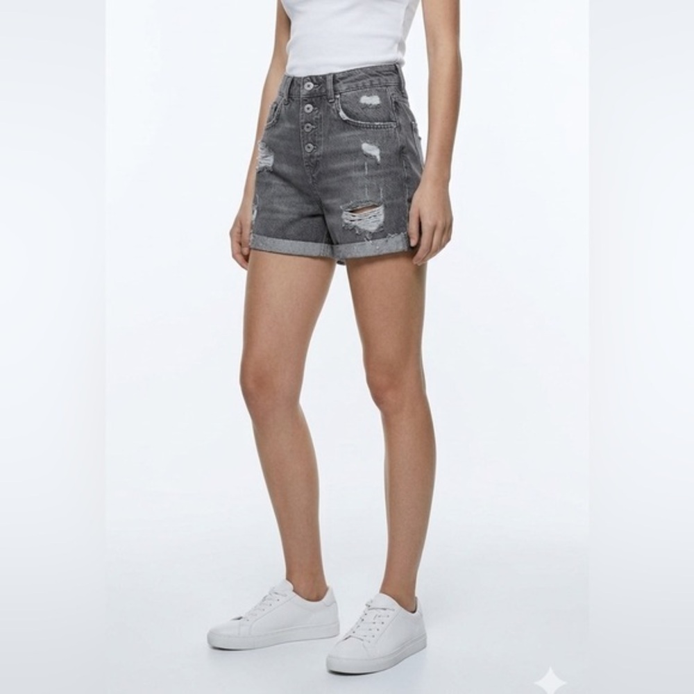 Zara Washed Grey Black Distressed High-Waist Denim Shorts Size 0 Cotton